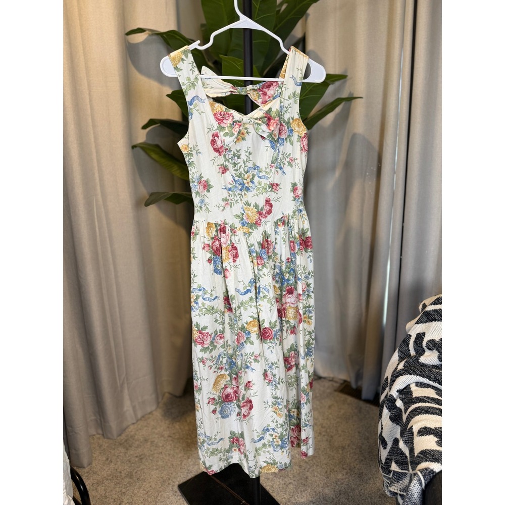 Vintage Floral Ribbon Print Bow Back Midi Dress Sleeveless Cream Multi V-Waist